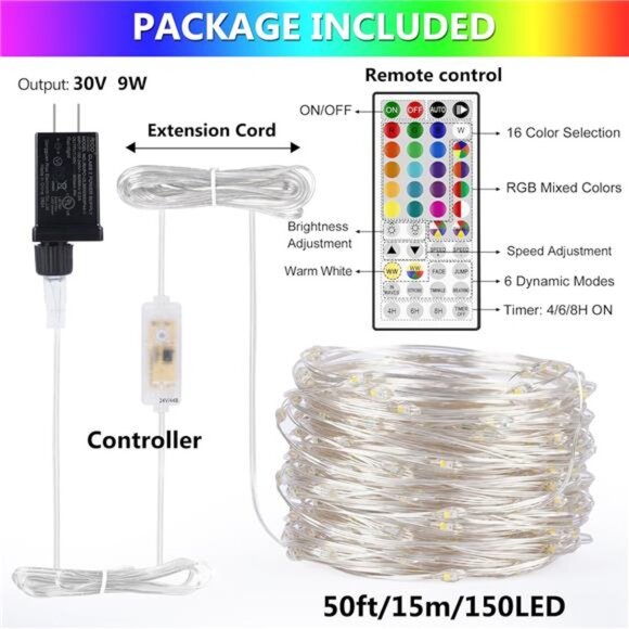50ft Fairy Lights 150 LED RGB Warm White Color Changing String Lights Outdoor In - Picture 6 of 7